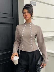 Siren Gaze Autumn/Winter New Vintage Double-Breasted Shirt For Women - Khaki - View 5