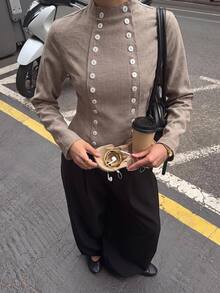 Siren Gaze Autumn/Winter New Vintage Double-Breasted Shirt For Women - Khaki - View 6