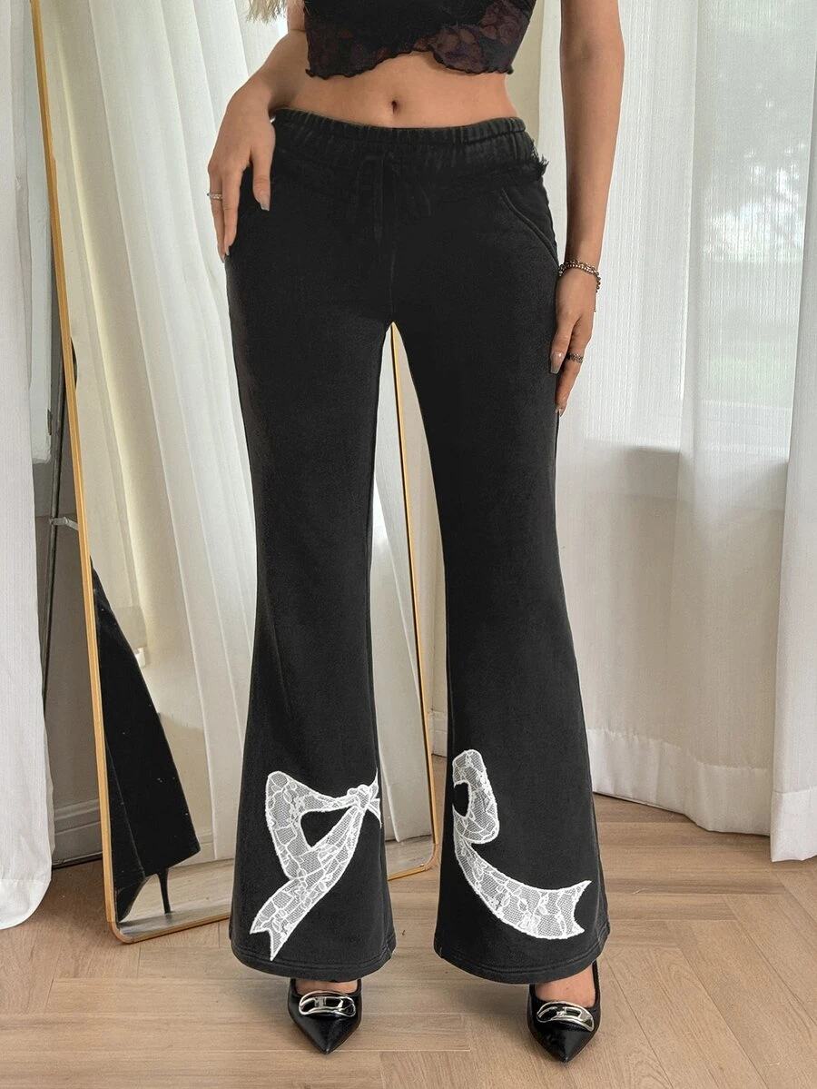SHEIN ICON Low Rise Lace Bow Embroidery Long Pants - Grey - View 1