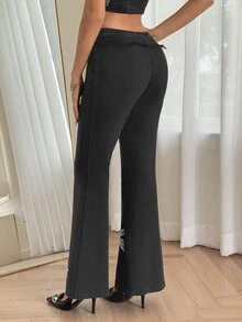 SHEIN ICON 低腰蕾絲蝴蝶結刺繡長褲 - 灰色 - 查看 2