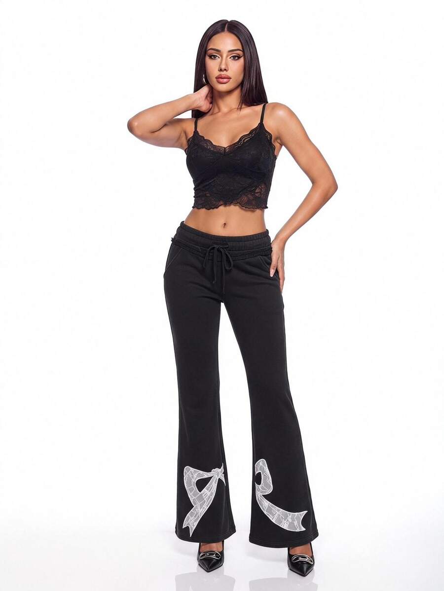 SHEIN ICON 低腰蕾絲蝴蝶結刺繡長褲 - 灰色 - 查看 1