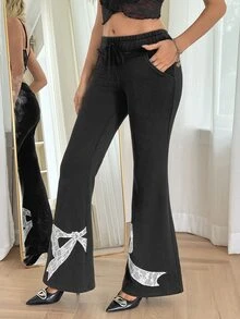 SHEIN ICON 低腰蕾絲蝴蝶結刺繡長褲 - 灰色 - 查看 5