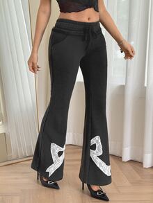 SHEIN ICON 低腰蕾絲蝴蝶結刺繡長褲 - 灰色 - 查看 6
