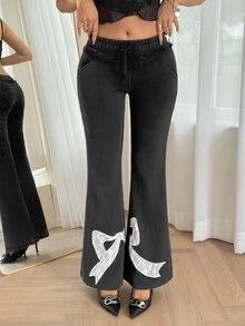 SHEIN ICON 低腰蕾絲蝴蝶結刺繡長褲 - 灰色 - 查看 4