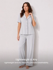 LUVLETTE Women Pajama Set Cotton Spandex Lapel Collar Short Sleeve Button Front Top & Straight Leg Pants Pocket Ruffle Edge Soft Loungewear - Grey - View 12