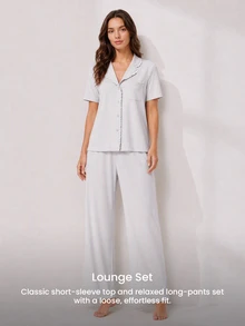 LUVLETTE Women Pajama Set Cotton Spandex Lapel Collar Short Sleeve Button Front Top & Straight Leg Pants Pocket Ruffle Edge Soft Loungewear - Grey - View 9