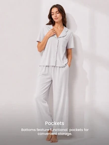 LUVLETTE Women Pajama Set Cotton Spandex Lapel Collar Short Sleeve Button Front Top & Straight Leg Pants Pocket Ruffle Edge Soft Loungewear - Grey - View 7