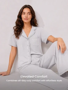 LUVLETTE Women Pajama Set Cotton Spandex Lapel Collar Short Sleeve Button Front Top & Straight Leg Pants Pocket Ruffle Edge Soft Loungewear - Grey - View 8