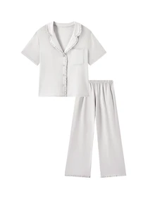 LUVLETTE Women Pajama Set Cotton Spandex Lapel Collar Short Sleeve Button Front Top & Straight Leg Pants Pocket Ruffle Edge Soft Loungewear - Grey - View 13