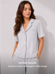 LUVLETTE Women Pajama Set Cotton Spandex Lapel Collar Short Sleeve Button Front Top & Straight Leg Pants Pocket Ruffle Edge Soft Loungewear - Grey - View 5