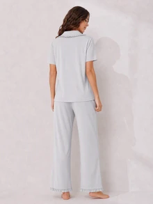 LUVLETTE Women Pajama Set Cotton Spandex Lapel Collar Short Sleeve Button Front Top & Straight Leg Pants Pocket Ruffle Edge Soft Loungewear - Grey - View 10