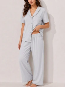 LUVLETTE Women Pajama Set Cotton Spandex Lapel Collar Short Sleeve Button Front Top & Straight Leg Pants Pocket Ruffle Edge Soft Loungewear - Grey - View 11