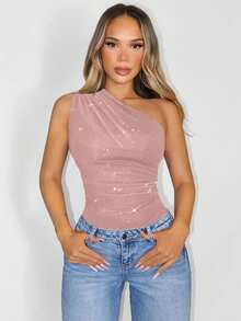 Sirith Women's Summer Fashion Ruched One-Shoulder Bodysuit - Pink - View 4