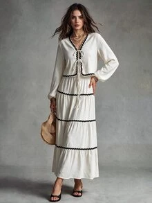Calvaya 2pcs/Set Elegant French-Style Lantern Sleeve Ruffled Bowknot Dress & Skirt Fall Cloth For Women - Apricot - View 3