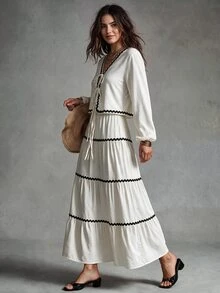 Calvaya 2pcs/Set Elegant French-Style Lantern Sleeve Ruffled Bowknot Dress & Skirt Fall Cloth For Women - Apricot - View 1