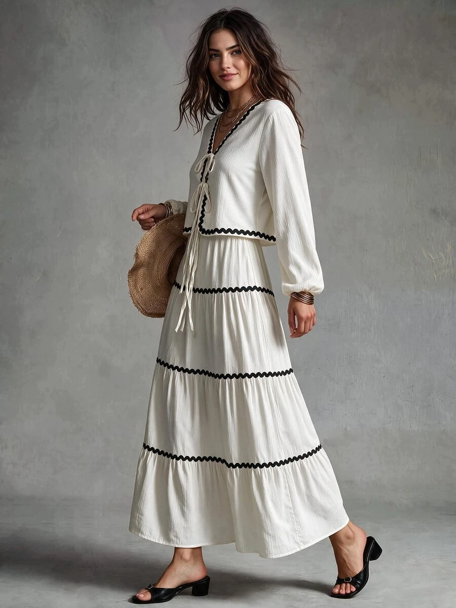 Calvaya 2pcs/Set Elegant French-Style Lantern Sleeve Ruffled Bowknot Dress & Skirt Fall Cloth For Women - Apricot - View 1