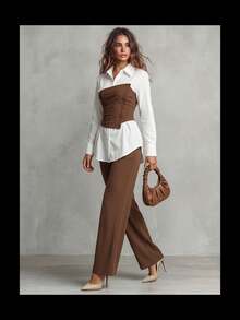 Calvaya 2pcs Set: Waist Cinching Shirt & Wide Leg Pants, Slimming Design, Lapel Collar Business Casual Woman Set Vintage Brown Outfit Office Outfit - Multicolor - View 5