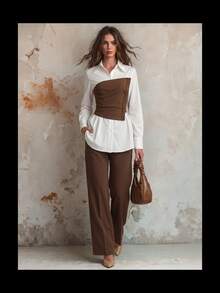 Calvaya 2pcs Set: Waist Cinching Shirt & Wide Leg Pants, Slimming Design, Lapel Collar Business Casual Woman Set Vintage Brown Outfit Office Outfit - Multicolor - View 3