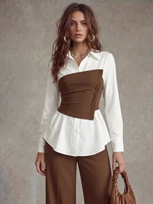 Calvaya 2pcs Set: Waist Cinching Shirt & Wide Leg Pants, Slimming Design, Lapel Collar Business Casual Woman Set Vintage Brown Outfit Office Outfit - Multicolor - View 6