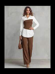 Calvaya 2pcs Set: Waist Cinching Shirt & Wide Leg Pants, Slimming Design, Lapel Collar Business Casual Woman Set Vintage Brown Outfit Office Outfit - Multicolor - View 4