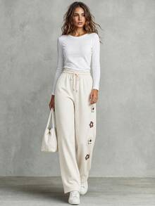 Calvaya Women Knitted Floral Design Casual Long Pants Fall Cloth For Women Vacation - Apricot - View 3