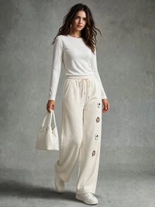 Calvaya Women Knitted Floral Design Casual Long Pants Fall Cloth For Women Vacation - Apricot - View 4