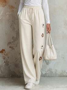 Calvaya Women Knitted Floral Design Casual Long Pants Fall Cloth For Women Vacation - Apricot - View 1