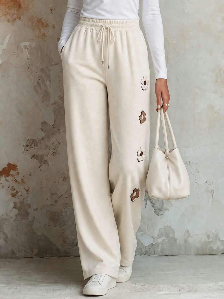 Calvaya Women Knitted Floral Design Casual Long Pants Fall Cloth For Women Vacation - Apricot - View 1