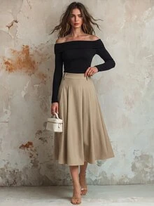 Calvaya Set Atasan Lengan Panjang Off Shoulder dan Rok A-Line Elegan untuk Wanita - MultiWarna - View 2