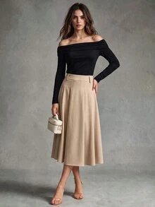 Calvaya Set Atasan Lengan Panjang Off Shoulder dan Rok A-Line Elegan untuk Wanita - MultiWarna - View 3