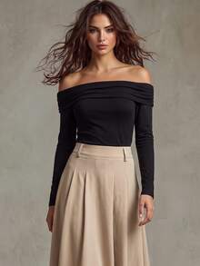 Calvaya Set Atasan Lengan Panjang Off Shoulder dan Rok A-Line Elegan untuk Wanita - MultiWarna - View 5