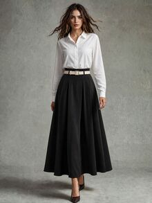 Calvaya Women's Casual & Office Commuter Leather Waist Belt Medium Length Skirt, Summer Design Black Designer - Black - View 3