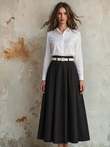 Calvaya Women's Casual & Office Commuter Leather Waist Belt Medium Length Skirt, Summer Design Black Designer - Black - View 5