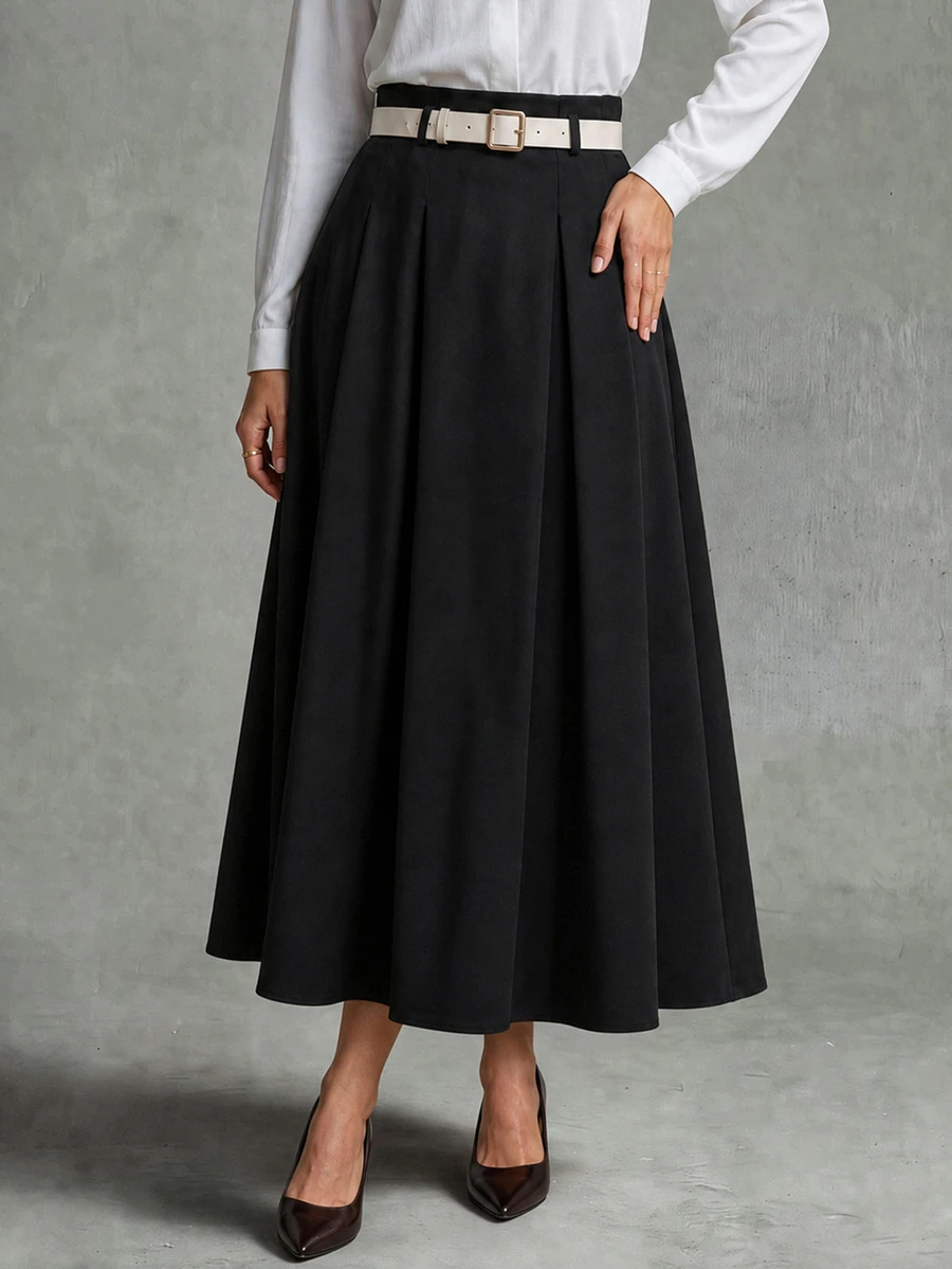 Calvaya Women's Casual & Office Commuter Leather Waist Belt Medium Length Skirt, Summer Design Black Designer - Black - View 1