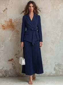 Calvaya 女式休闲百搭通勤拼接西装领长袖收腰褶皱中长连衣裙，秋冬 - 藏蓝色 - 查看 4