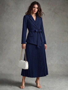 Calvaya 女式休闲百搭通勤拼接西装领长袖收腰褶皱中长连衣裙，秋冬 - 藏蓝色 - 查看 1