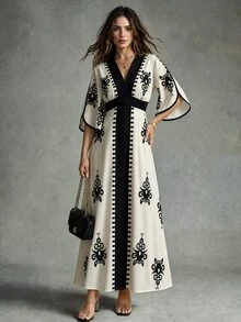 Calvaya Women's Colorblock Flare Sleeve Graphic Print Casual Long Dress - Multicolor - View 5
