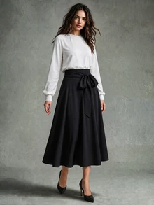 Calvaya Ladies' Solid Color Side Tie Skirt, Suitable For Spring And Summer - Black - View 4