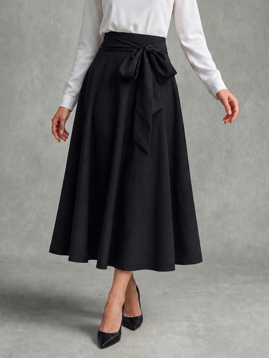 Calvaya Ladies' Solid Color Side Tie Skirt, Suitable For Spring And Summer - Black - View 1