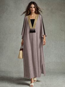 Calvaya Women's Oversized Gold Lace Trim & Patchwork Dress - Coffee - View 1