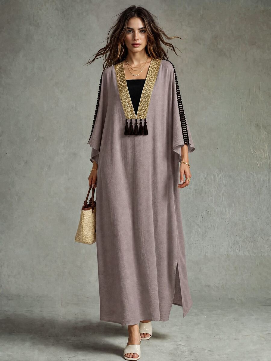 Calvaya Women's Oversized Gold Lace Trim & Patchwork Dress - Coffee - View 1