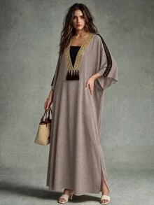 Calvaya Women's Oversized Gold Lace Trim & Patchwork Dress - Coffee - View 5