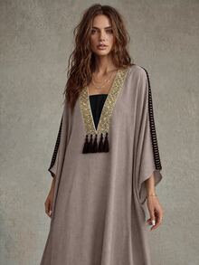 Calvaya Women's Oversized Gold Lace Trim & Patchwork Dress - Coffee - View 3