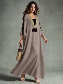 Calvaya Women's Oversized Gold Lace Trim & Patchwork Dress - Coffee - View 6