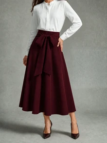 Calvaya Women's Solid Color Waist Bow Decor Elegant Versatile Pencil Skirt, Suitable For Party And Commute - Redwood - View 1