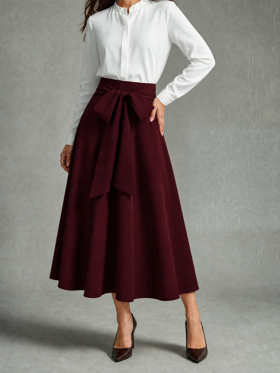 Calvaya Women's Solid Color Waist Bow Decor Elegant Versatile Pencil Skirt, Suitable For Party And Commute - Redwood - View 1