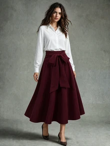 Calvaya Women's Solid Color Waist Bow Decor Elegant Versatile Pencil Skirt, Suitable For Party And Commute - Redwood - View 3