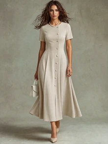 Calvaya Retro Elegant Button Elements Intellectual Simple Casual Summer Ladies Elegant Dress - Apricot - View 1