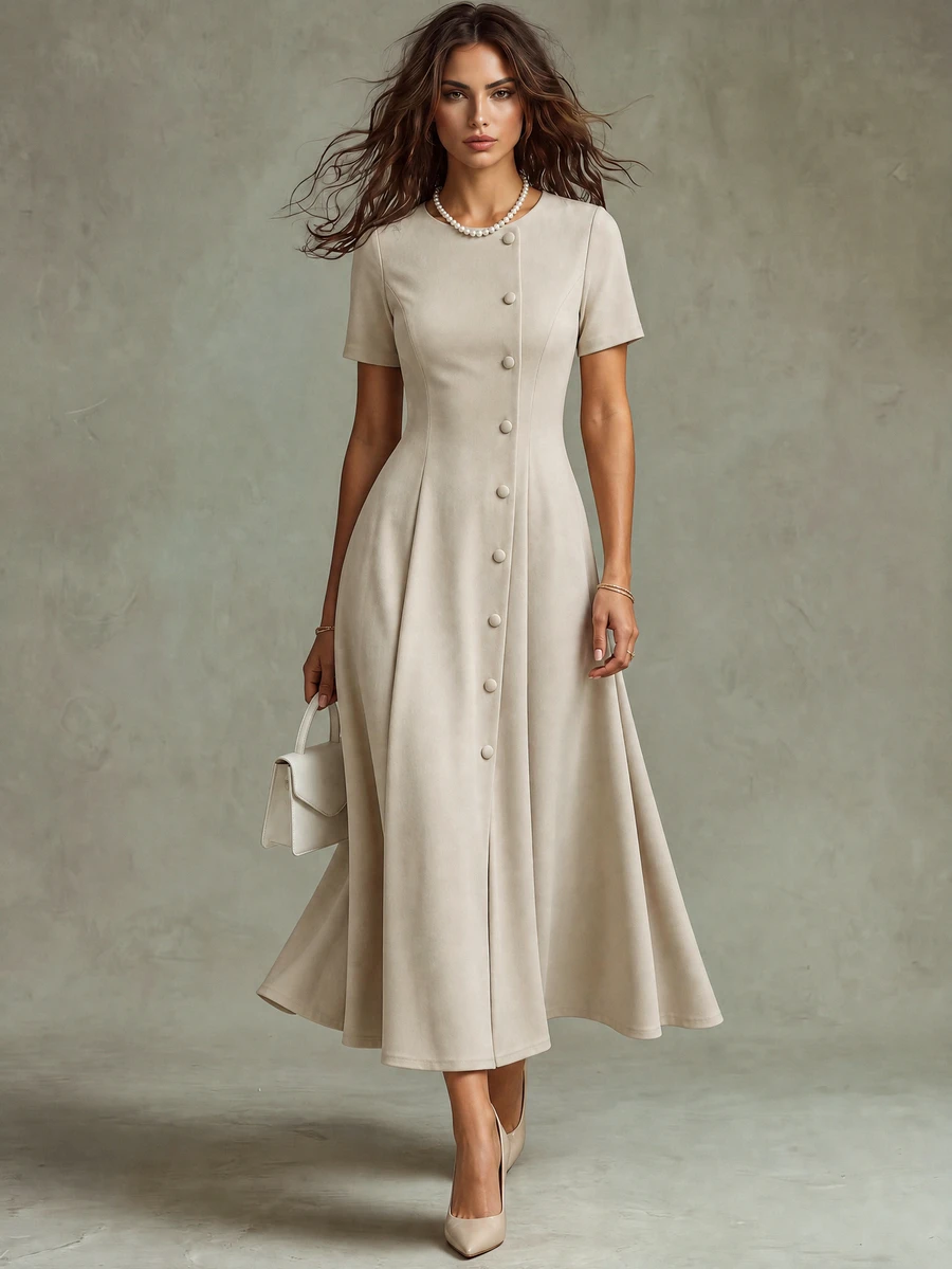 Calvaya Retro Elegant Button Elements Intellectual Simple Casual Summer Ladies Elegant Dress - Apricot - View 1