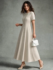 Calvaya Retro Elegant Button Elements Intellectual Simple Casual Summer Ladies Elegant Dress - Apricot - View 3